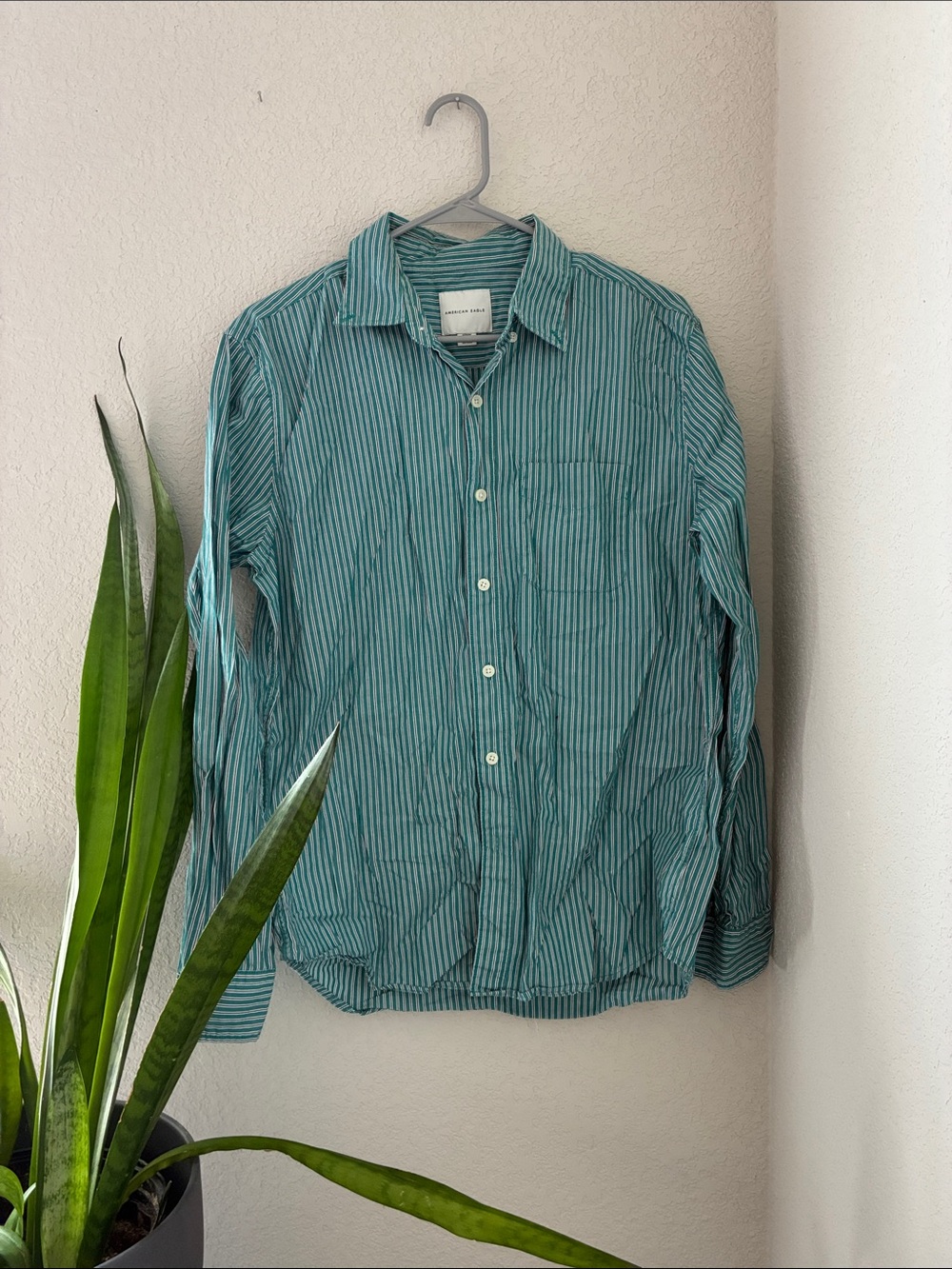 AE American Eagle Men's Teal Striped Button-Up Shirt